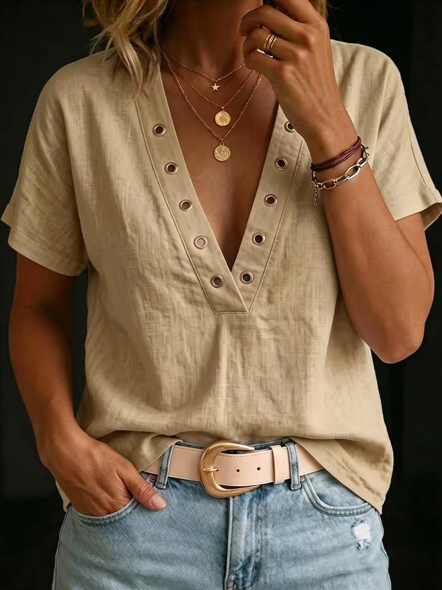 Women's V-Neck Short-Sleeve Loose-Fit Linen Shirt