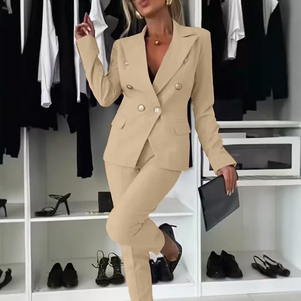 Double-Breasted Lapel Blazer & Zip-Up Trousers Suit