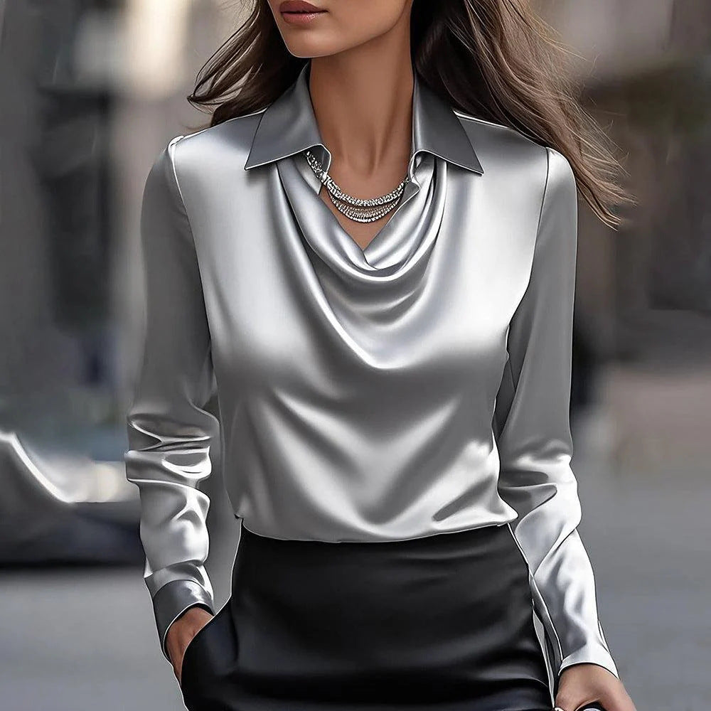 Long Sleeve Satin Swing Collar Top | Elegant Commuter Shirt