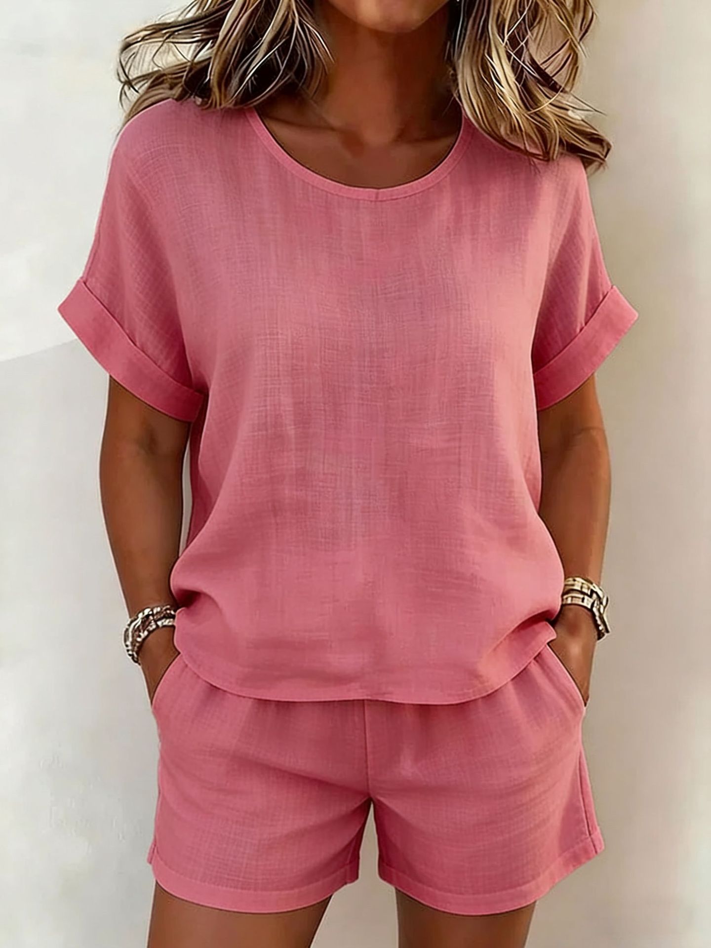 Solid-Color T-Shirt & Shorts Set – Cotton Linen, 10 Colors