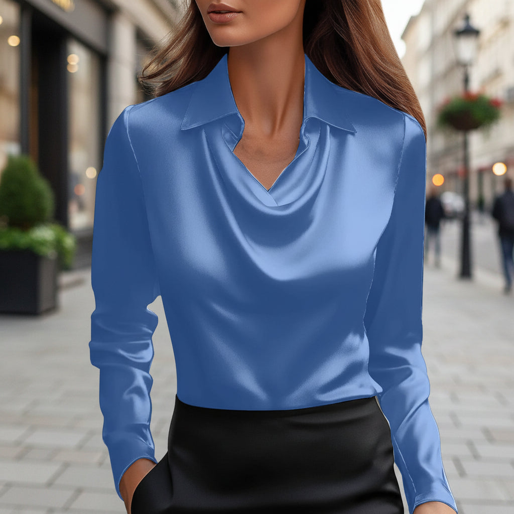 Long Sleeve Satin Swing Collar Top | Elegant Commuter Shirt
