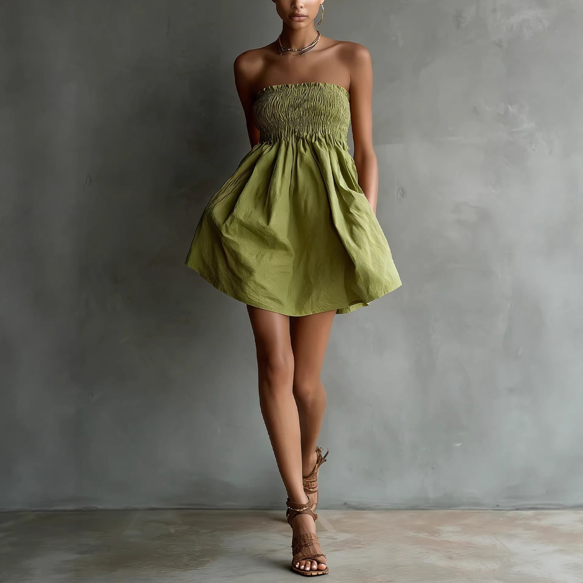 Women's Strapless Tube Mini Dress – Solid Color Elastic Waist