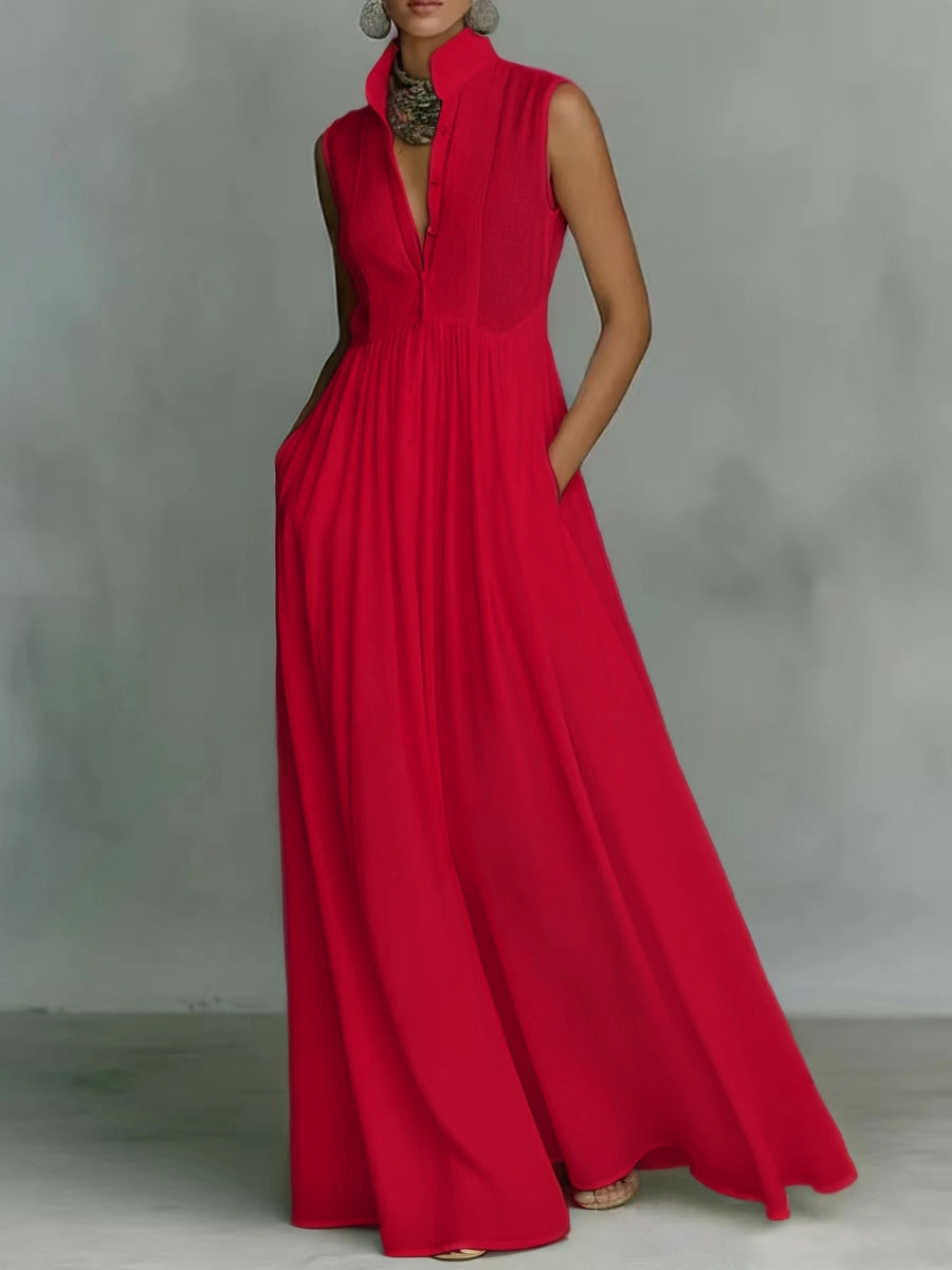 Women's French-Style High-Waist Midi Dress with Ribbon Tie