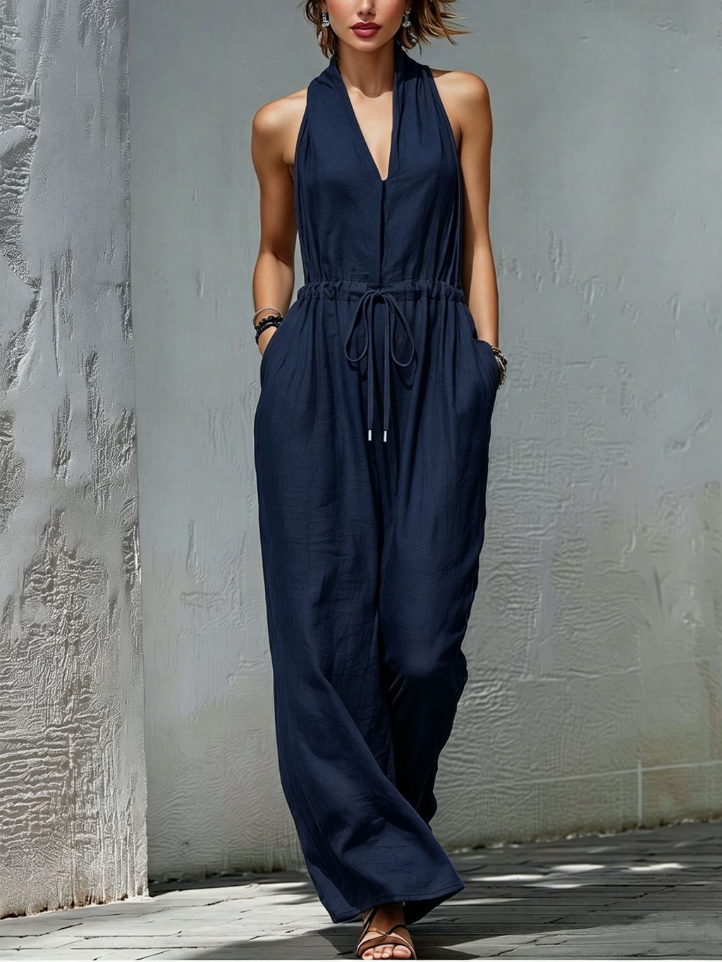 Women's Sleeveless Halter Neck Solid Color Long Jumpsuit