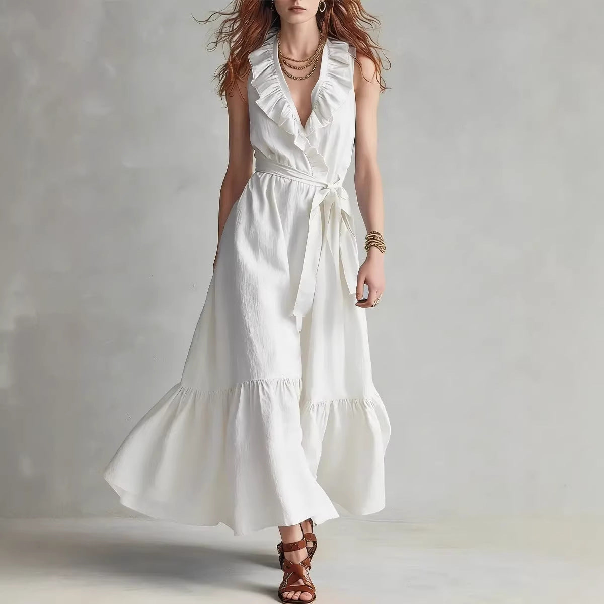 Women's V-Neck Sleeveless Lace-Up Panelled Maxi Dress – Wide Flare