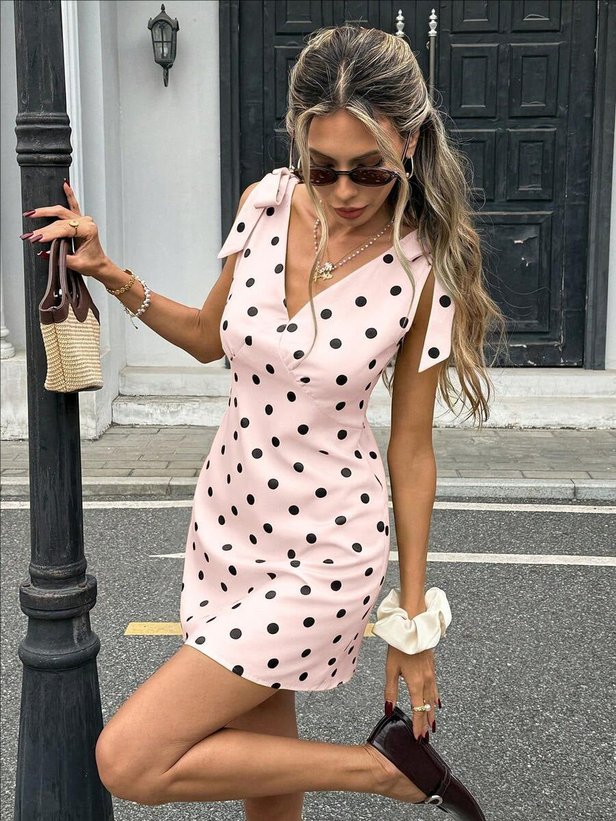 Women's Sleeveless V-Neck Mini Dress with Lace-Up Bow Detail