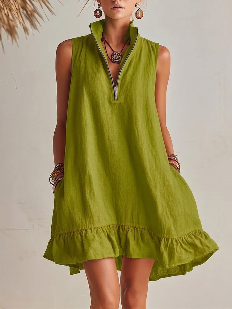 Women's Casual Loose Half-Zip Sleeveless Dress with Ruffle Hem