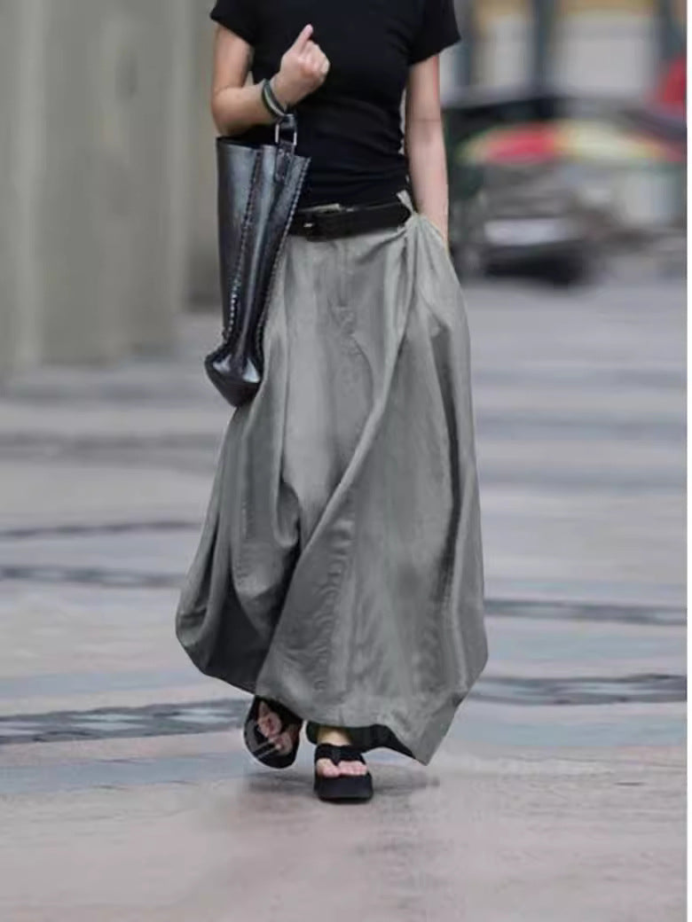 Women's High-Waist Flared Maxi Skirt – Solid Color Cotton Linen with Pockets