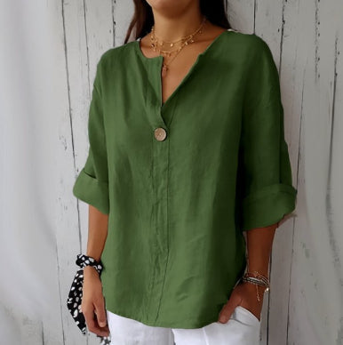 Women's V-Neck Long-Sleeve Button Top – Loose Fit Casual Blouse