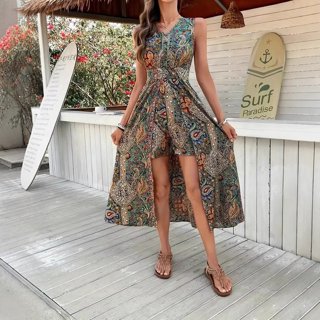 Women's Printed V-Neck Sleeveless Jumpsuit – Vacation Chic