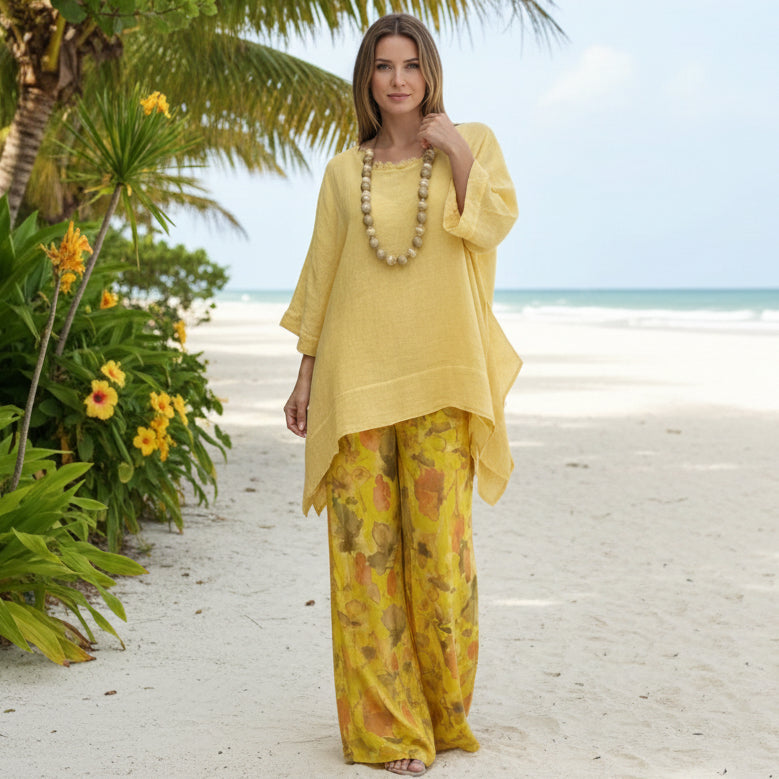 Irregular Hem Drop-Shoulder Top & Wide-Leg Pants Set | 3 Colors