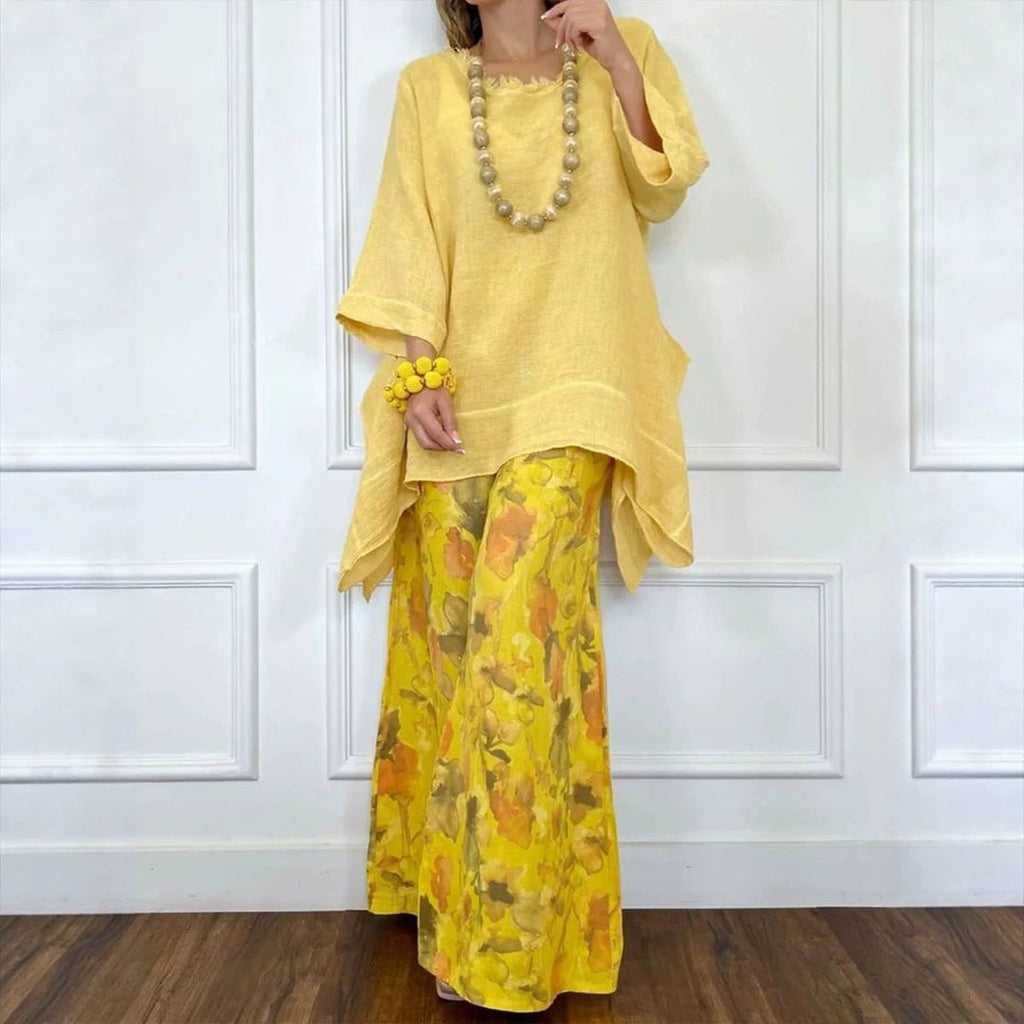 Irregular Hem Drop-Shoulder Top & Wide-Leg Pants Set | 3 Colors