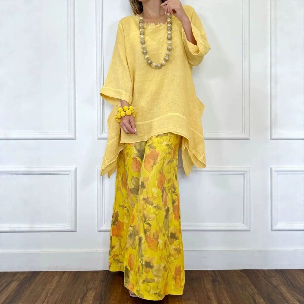 Irregular Hem Drop-Shoulder Top & Wide-Leg Pants Set | 3 Colors