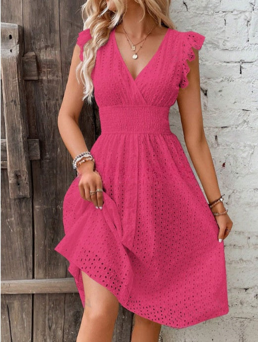 Waisted V-Neck Lace Midi Dress