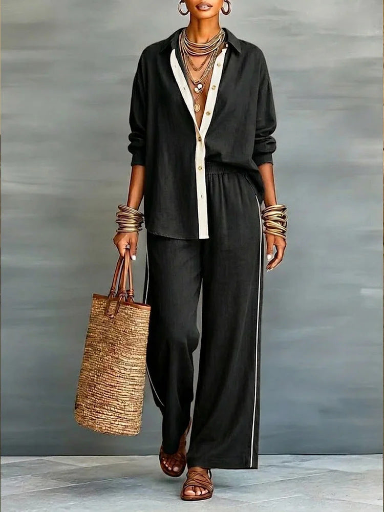 Contrast-Color Long-Sleeve Shirt & Pants Set – Two-Piece