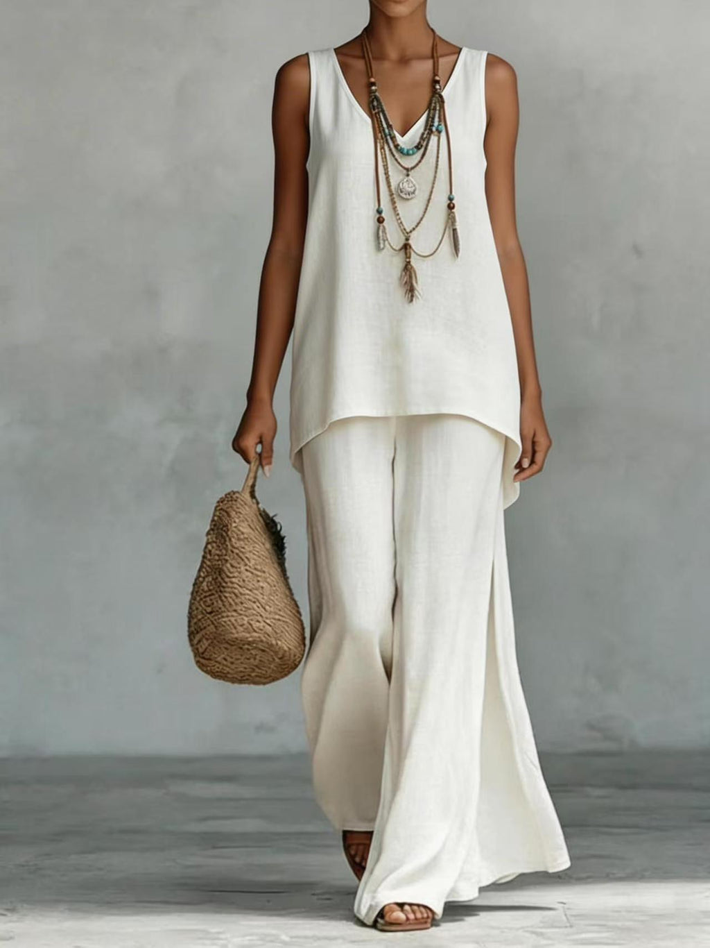 Women's Bohemian Wide-Leg Pants & V-Neck Vest Set – 3D Print