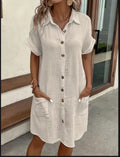 Women's Casual Loose Short-Sleeve Midi Shirt Dress – Button-Down