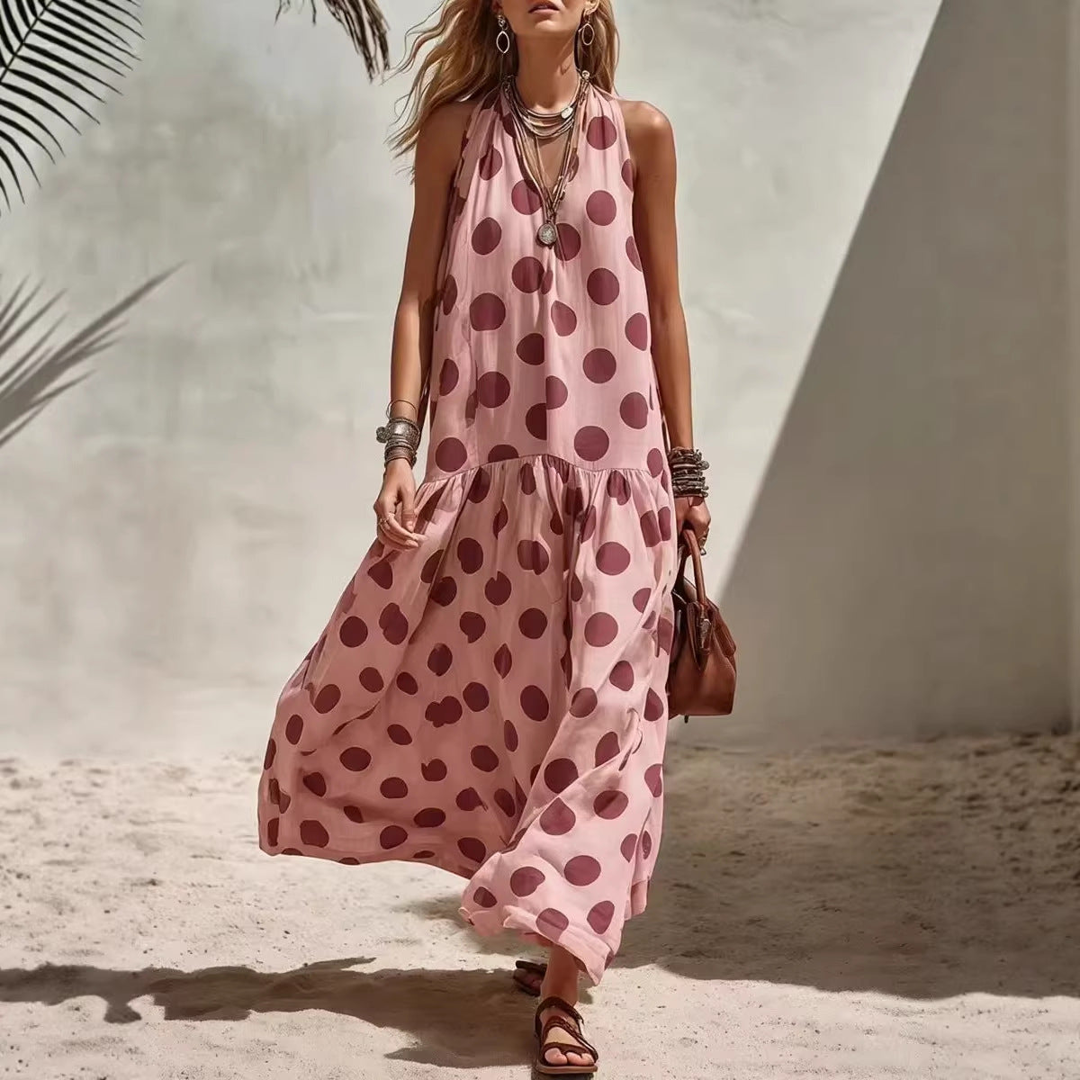 Women's Digital Print Short Sleeve Loose Maxi Dress – Knit Fabric