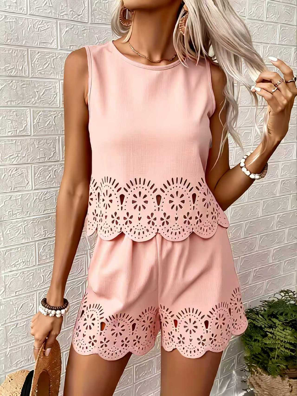 Women's Elegant Hollow-Out Floral Top & Pants Set – 2-Piece