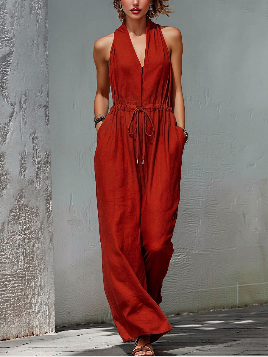 Women's Sleeveless Halter Neck Solid Color Long Jumpsuit