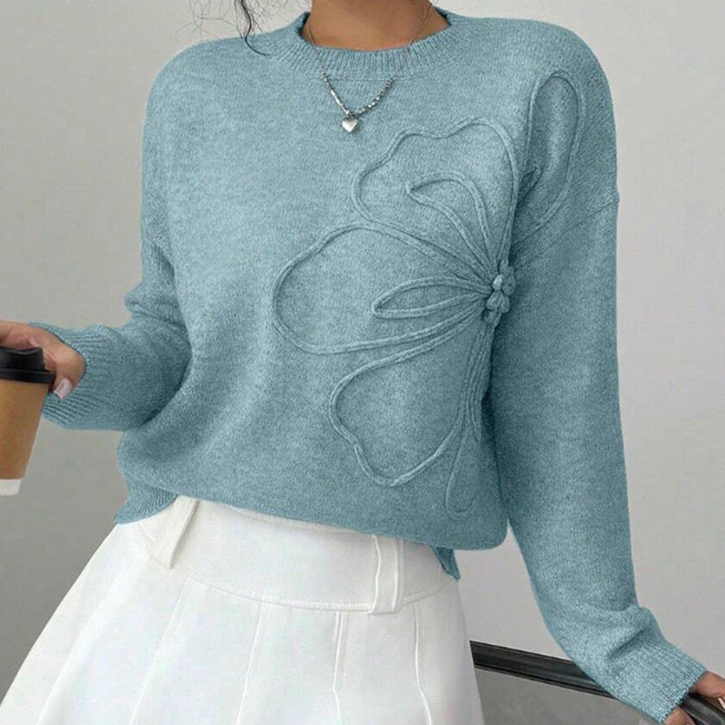 Women's Elegant Floral Sweater - Crew Neck Long Sleeve Casual Pullover