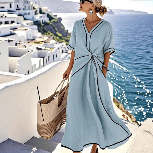 Striped Print Maxi Dress – Short Sleeve Beach Vacation Dress