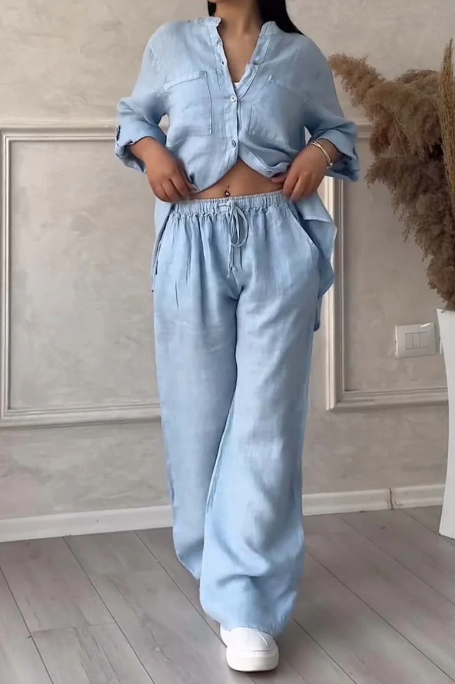 Wide-Leg Pants & Lace-Up Top Two-Piece Set – Solid Color, 12 Colors S–5XL