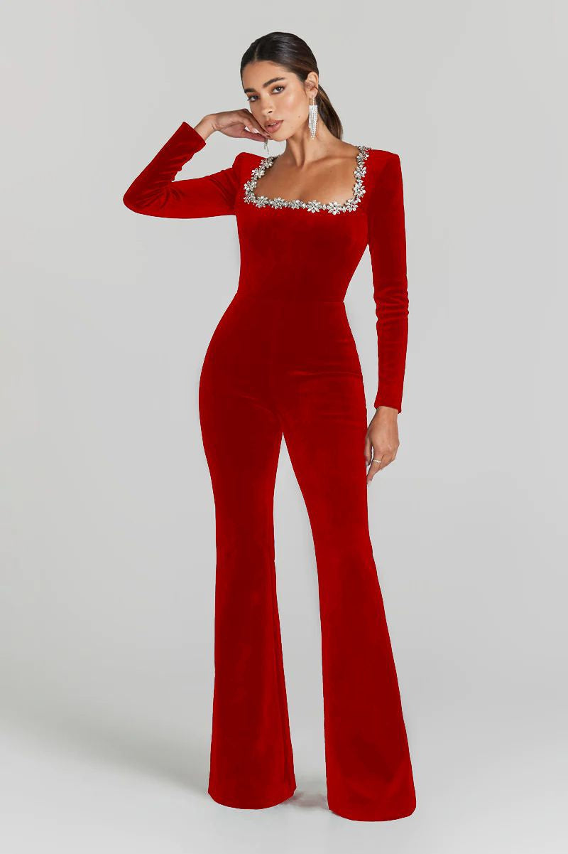 Women’s Diamond-Encrusted Square-Collar Flared Jumpsuit
