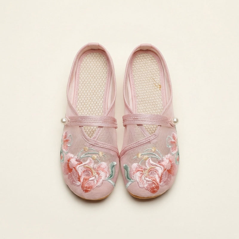 Women's Floral Embroidered Mesh Shoes – Breathable Hollow-Out Retro Flats
