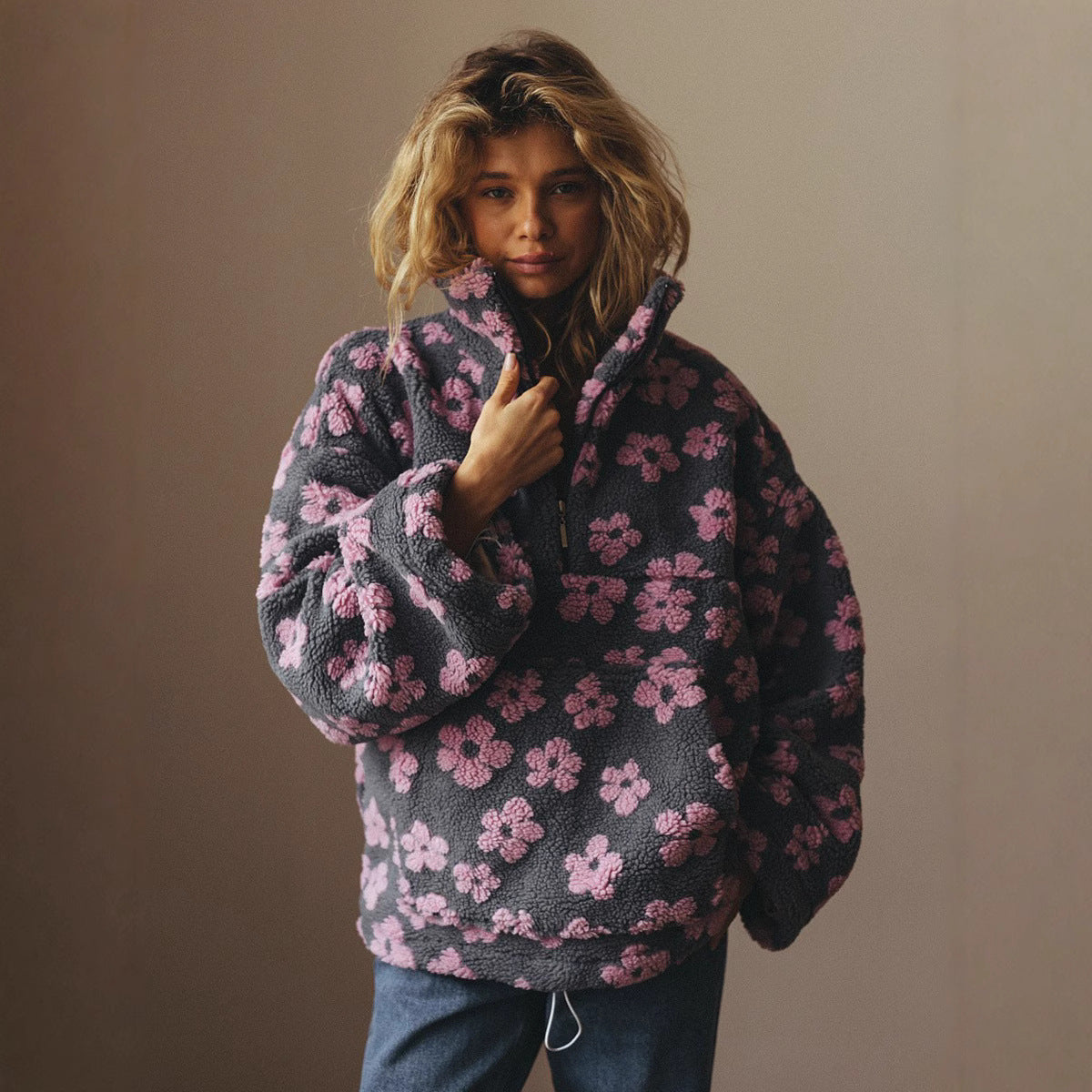 Winter Flowers Lambskin Sweatshirt Women | Cozy Zip-Up Pocket Pullover