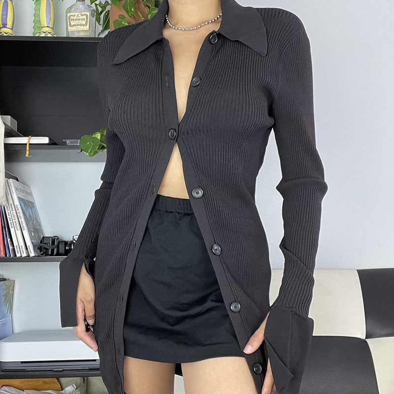 Women's V-Neck Ribbed Knit Button Cardigan Top – Black