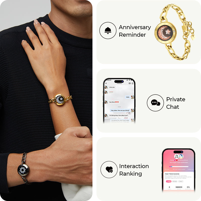 Sun & Moon Touch Bracelets with Figaro Chain (Black+Gold）