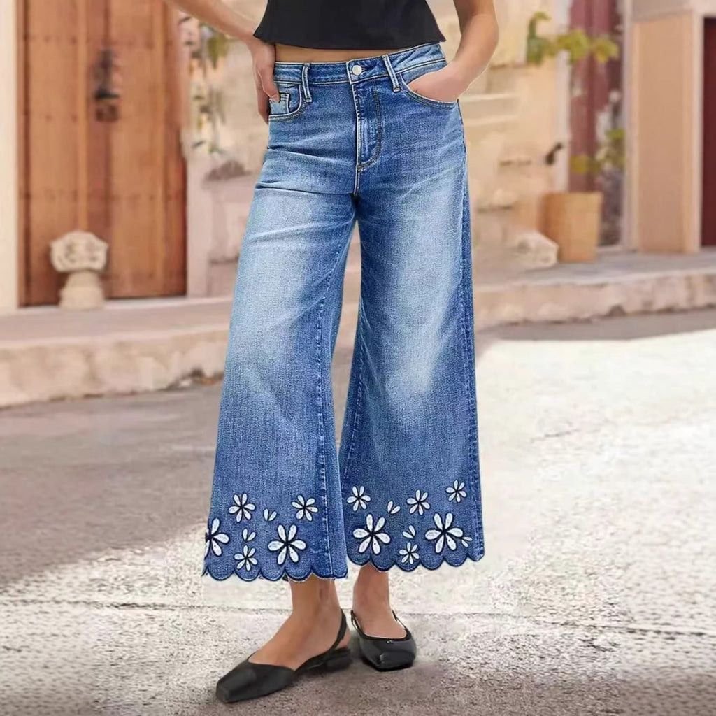 Chrysanthemum Embroidered Cropped Denim Jeans – Women's Loose Straight-Leg