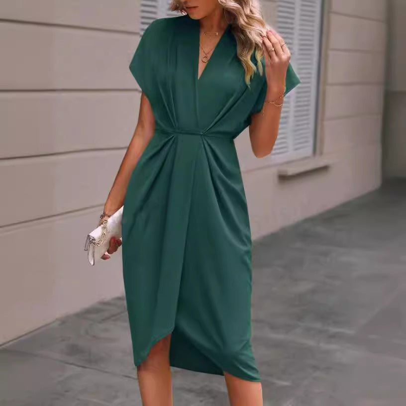 Pleated A-Line Midi Dress – V-Neck Sleeveless Summer Dress