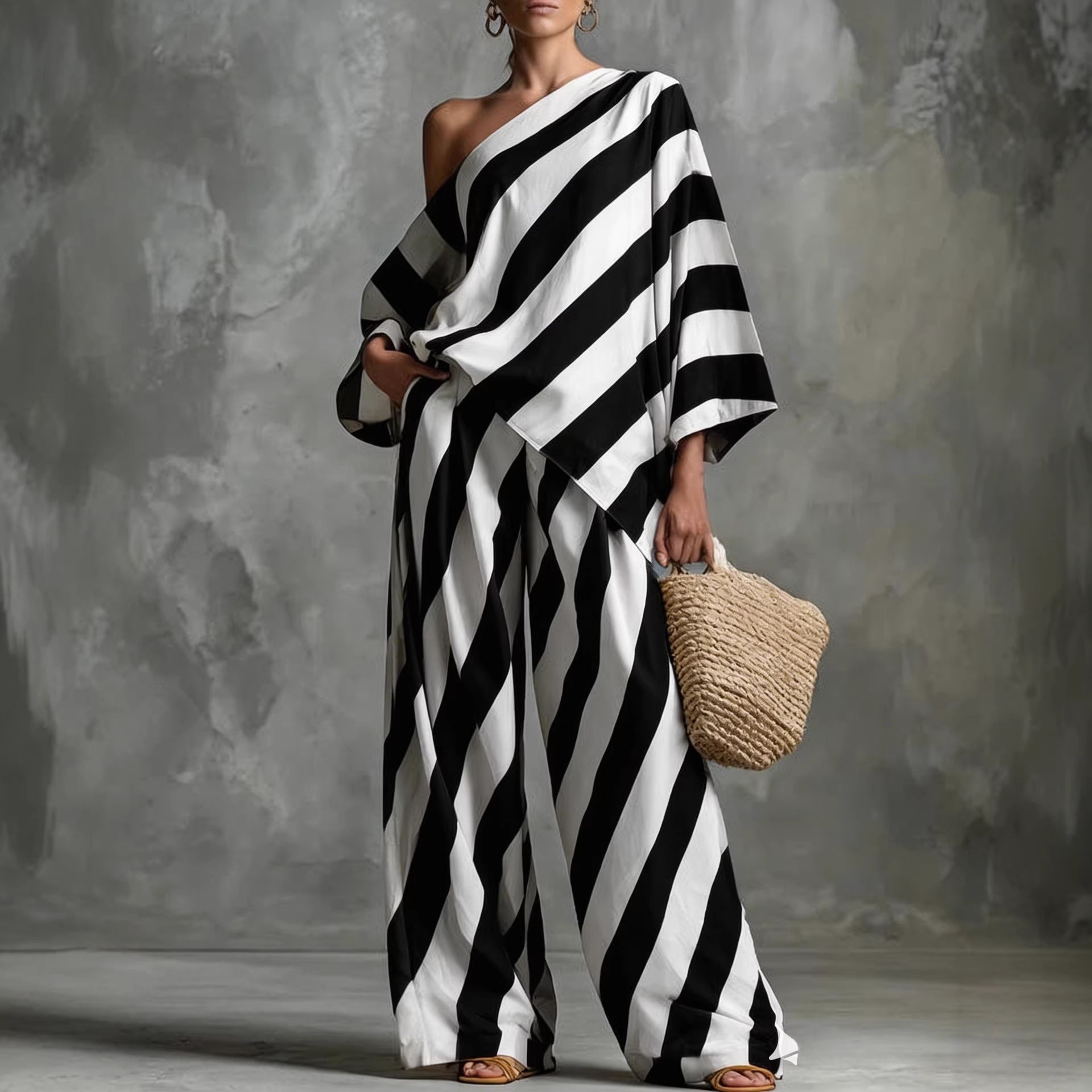 Women's Retro Striped Batwing Top & Wide-Leg Pants Set – Vintage 2-Piece
