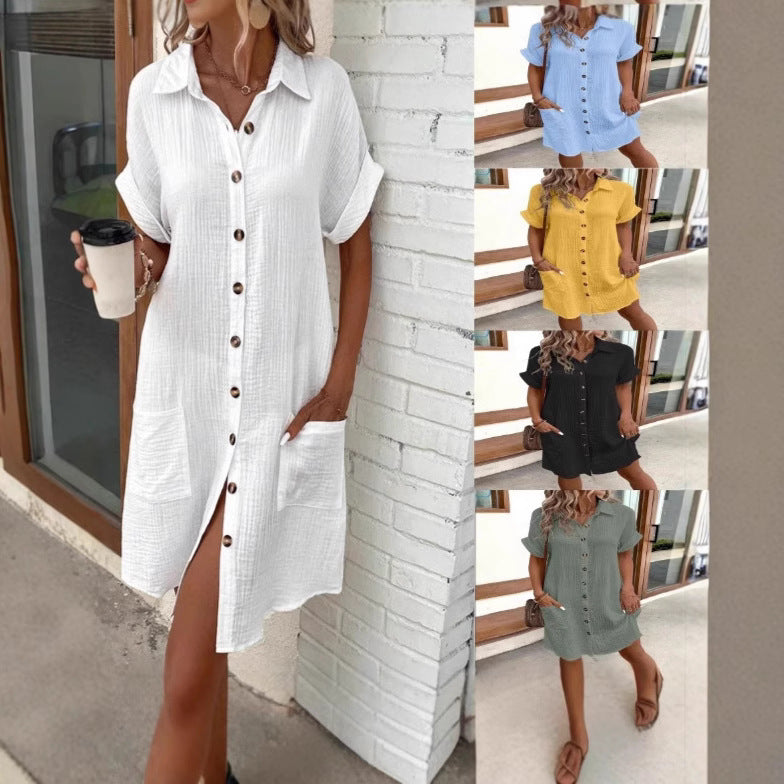 Women's Casual Loose Short-Sleeve Midi Shirt Dress – Button-Down