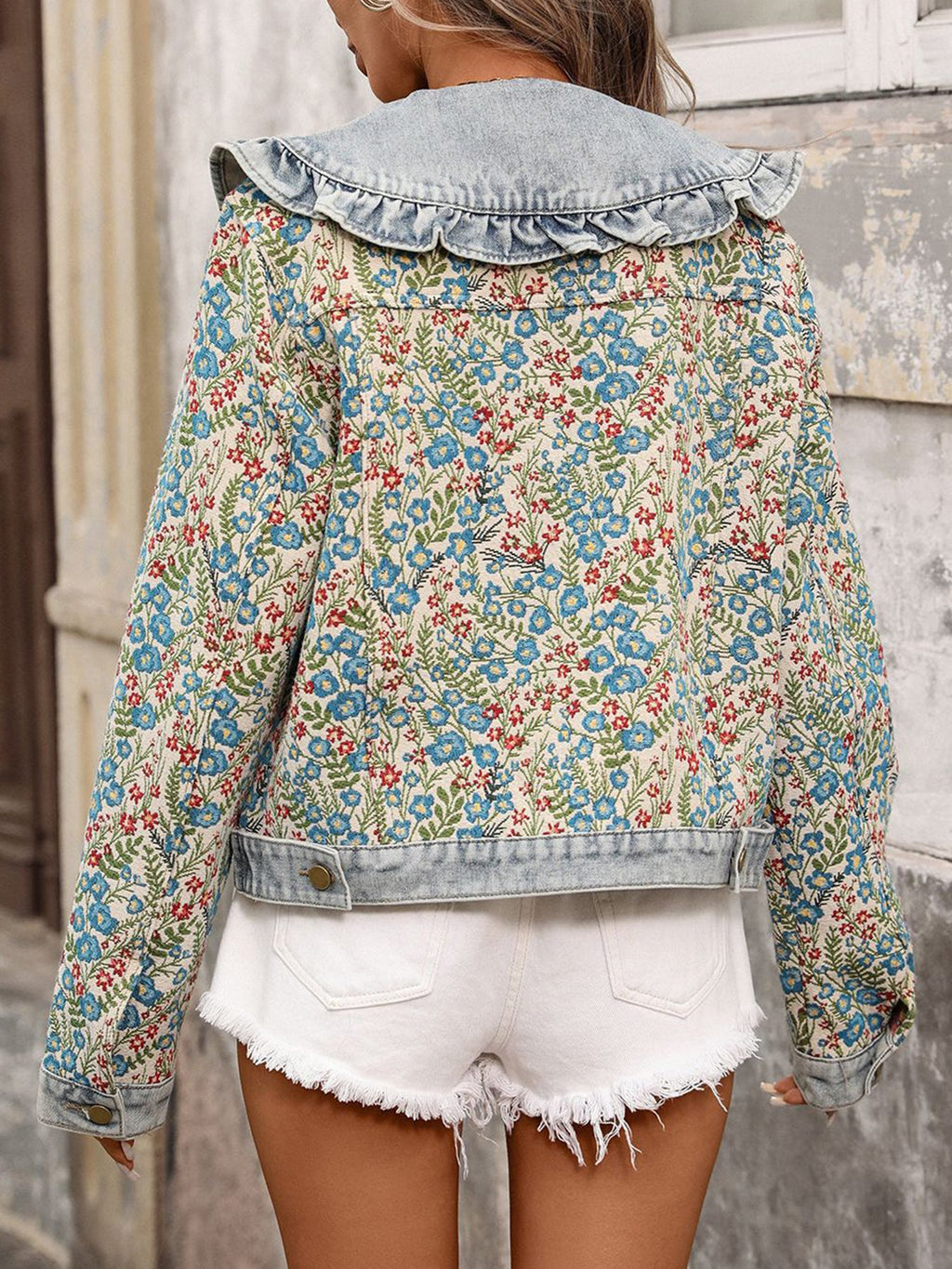 Women's Jacquard Denim Jacket | Ruffled Peter Pan Collar Long-Sleeve Short Jacket in Blue | S–XXL