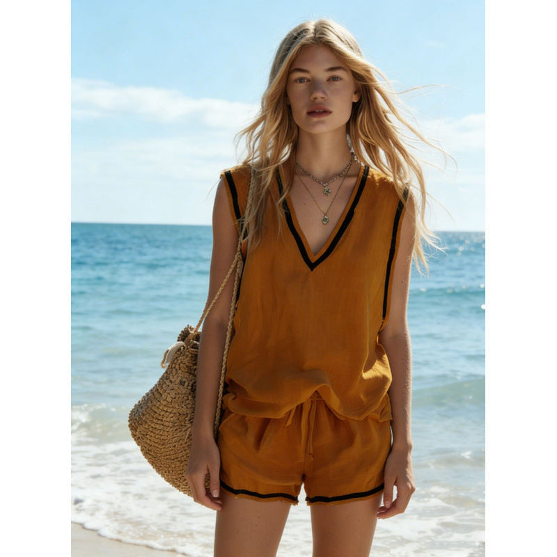 Women's V-Neck Vest & Shorts Two-Piece Set