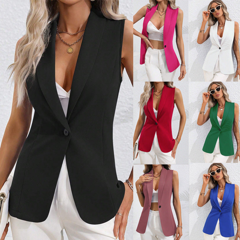 Women's Sleeveless Single-Button Cardigan Jacket – Round Neck