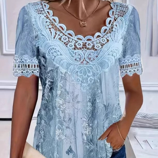 Women's Lace Patchwork Crew Neck Short Sleeve T-Shirt