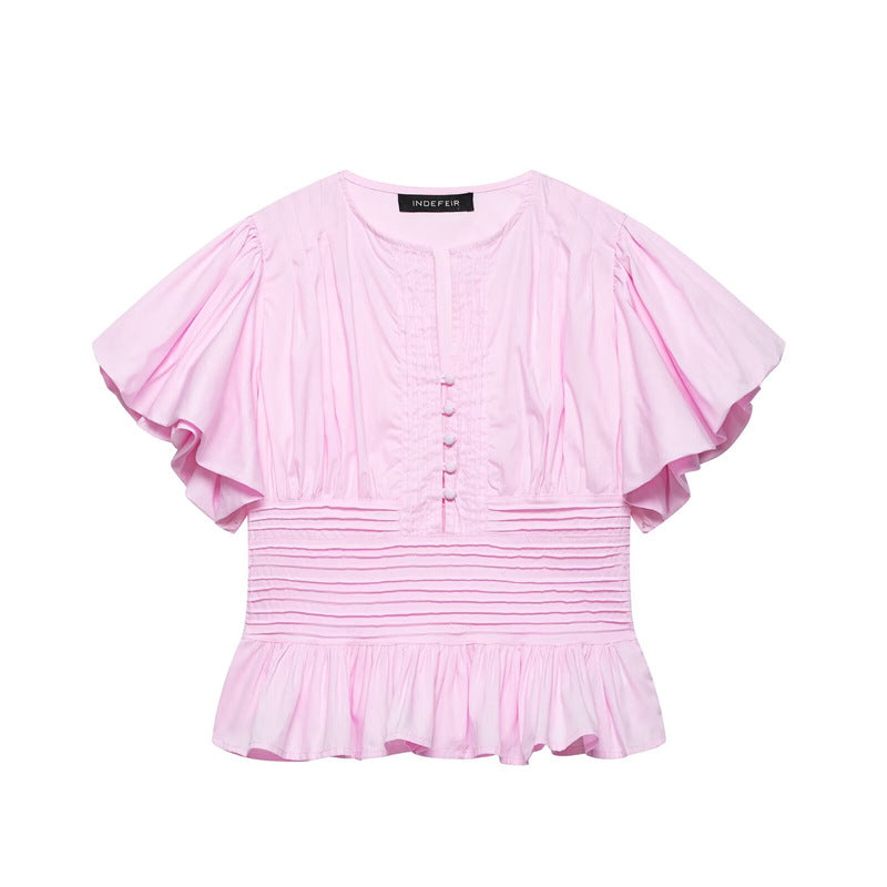 Women's Ruffle-Trim Puff-Sleeve Blouse Top – Slim-Fit Elegant