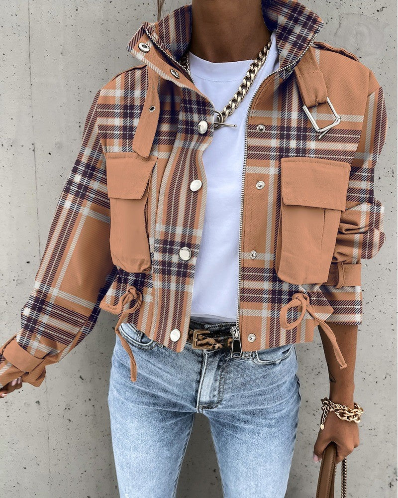 Women’s stand collar drawstring hem jacket