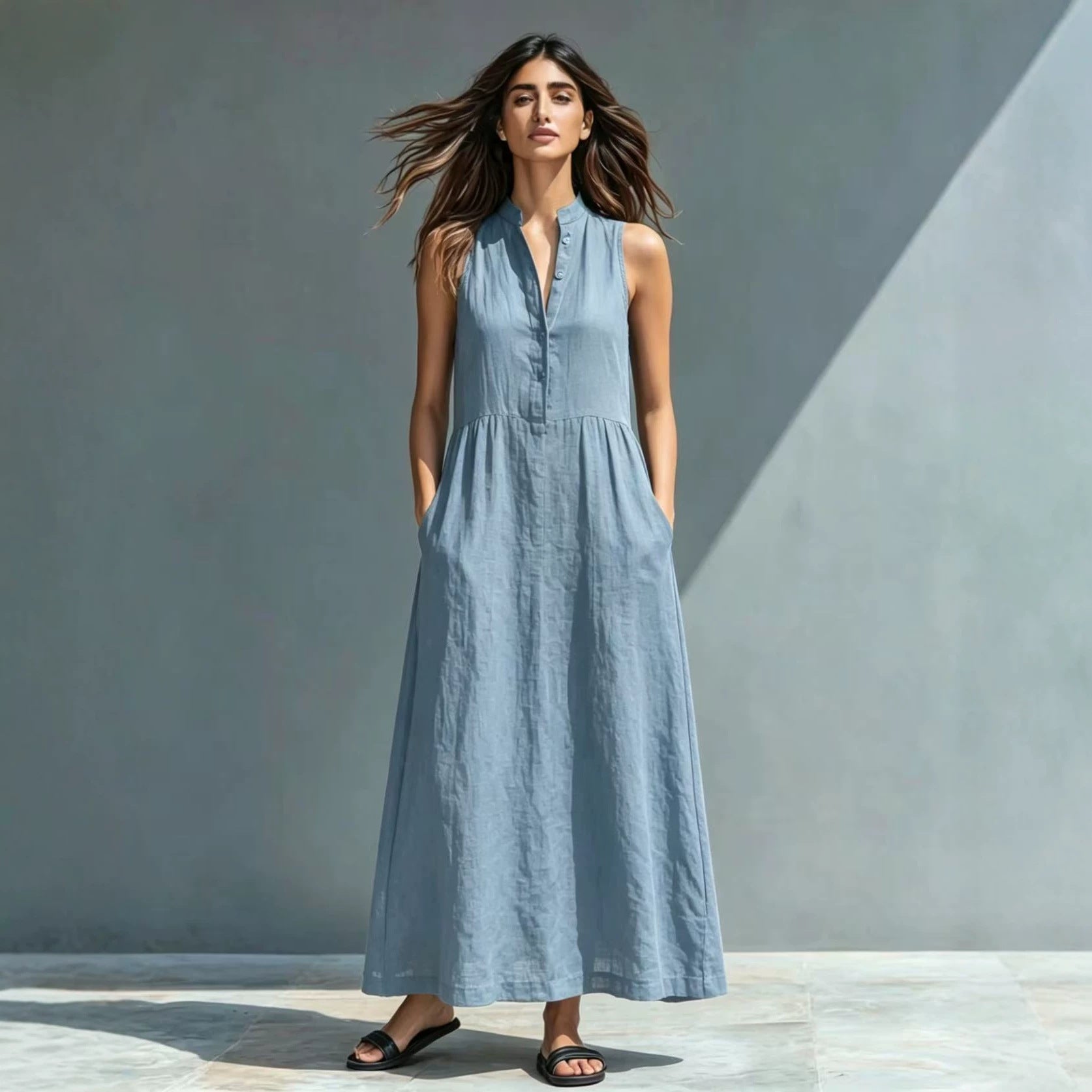 Women's Stand-Collar A-Line Maxi Dress – Resort & Vacation Style