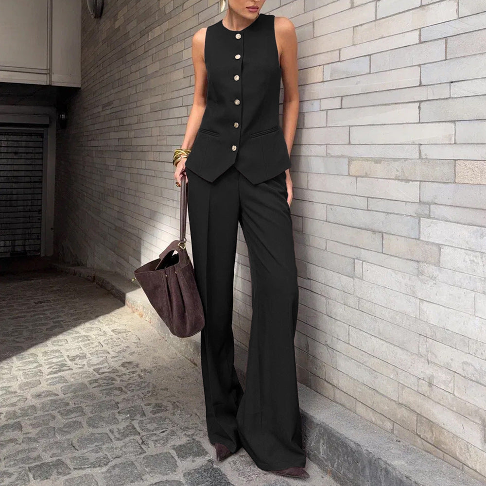 Women's Elegant Sleeveless Vest & Wide-Leg Pants Set – Office 2-Piece
