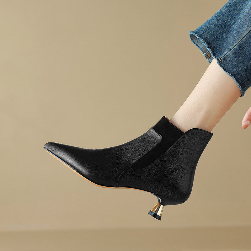 Women's Genuine Leather Kitten Heel Ankle Boots – Pointed Toe Side Zip