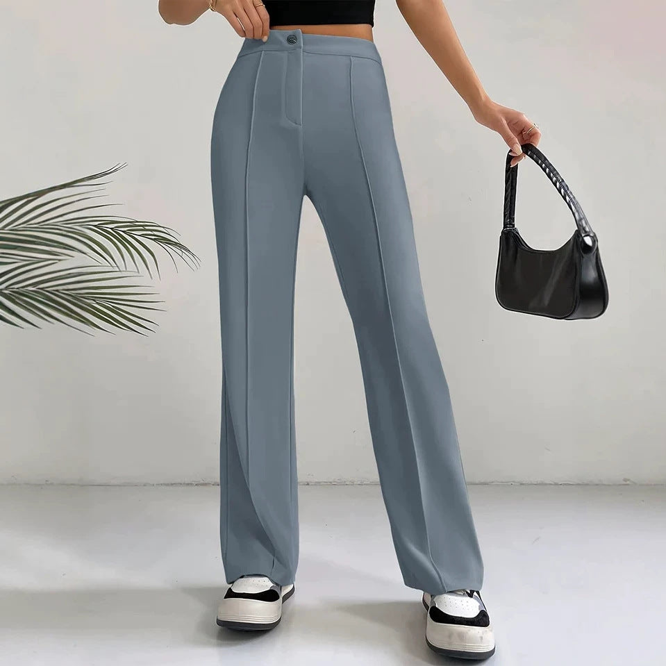 Women's High-Waisted Straight Flare Pants with Stitching Detail