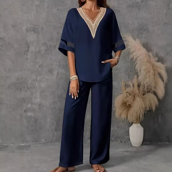 Women's Embroidered V-Neck Top & Wide-Leg Pants Set – 5 Colors S–XXL