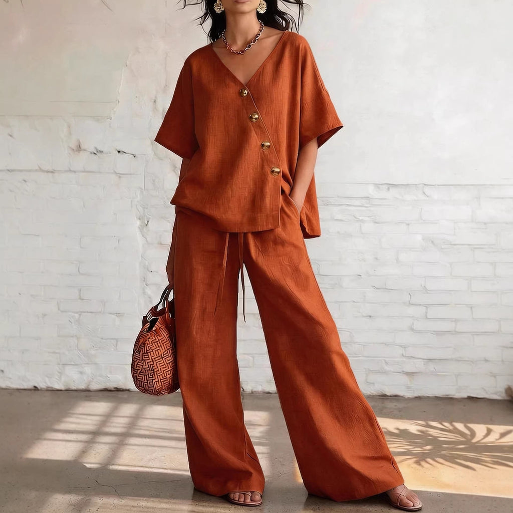 Women's Loose Cotton-Linen V-Neck Top & Wide-Leg Pants Set