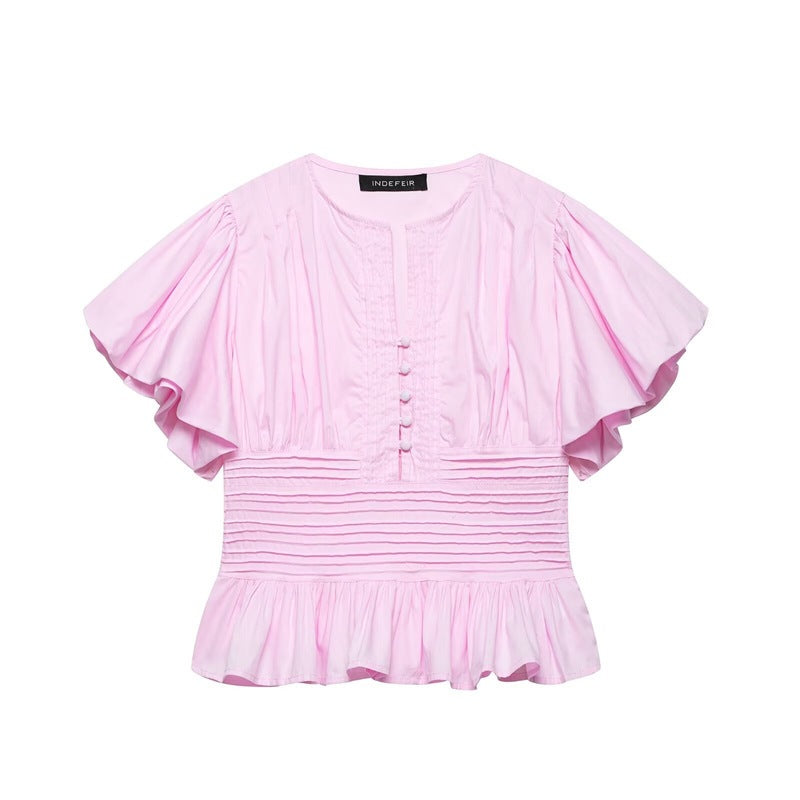 Women's Ruffle-Trim Puff-Sleeve Blouse Top – Slim-Fit Elegant