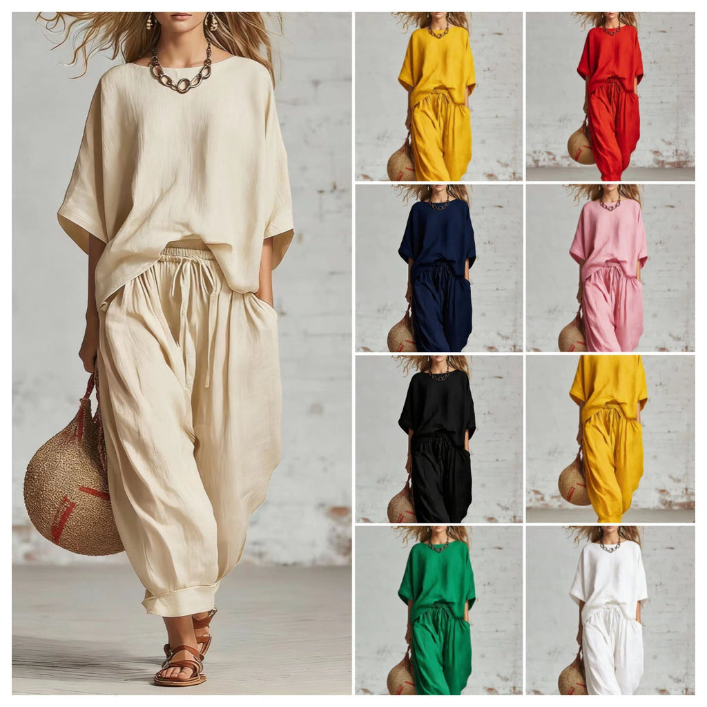 Women's Solid Color Loose Casual Set – T-Shirt & Ankle Pants